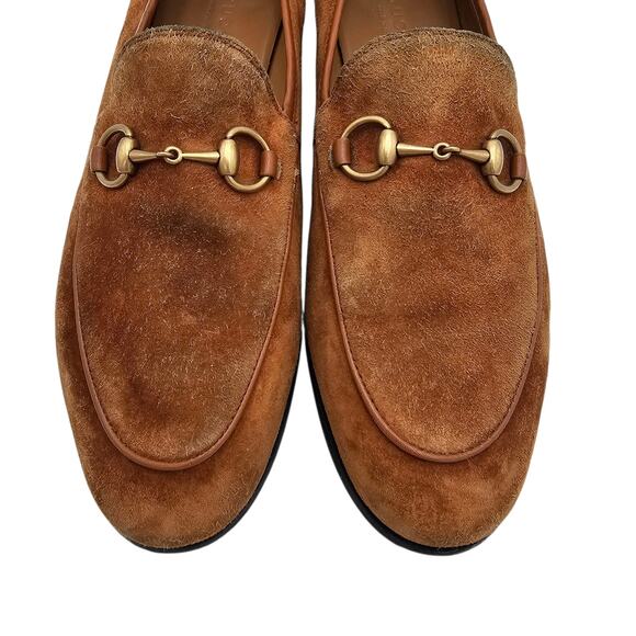 Gucci Jordaan Horsebit Flat Slip On Loafer Brown Suede Gold Size 37.5 US 7.5 - Picture 3 of 10